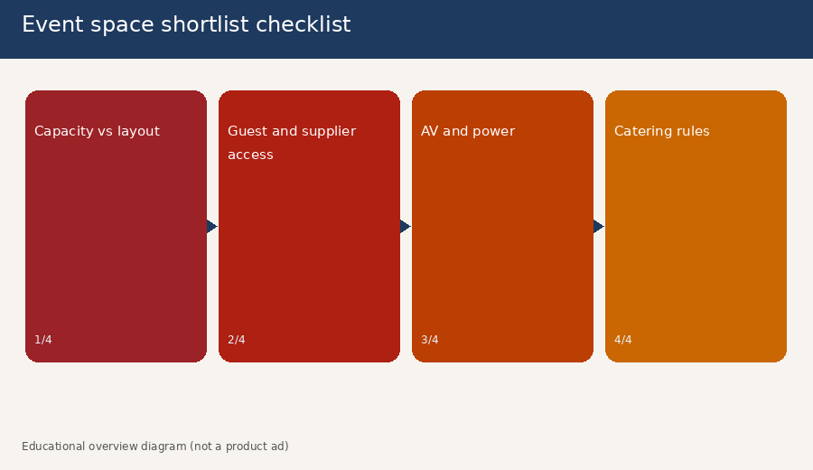 Four-panel checklist for shortlisting KL and PJ event spaces covering capacity, access, AV and power, and catering rules